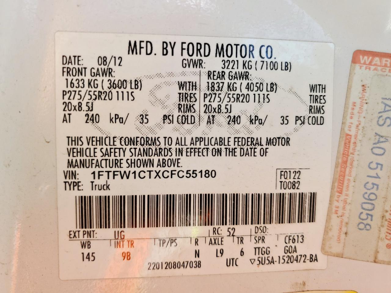 2012 Ford F150 Supercrew VIN: 1FTFW1CTXCFC55180 Lot: 70099825