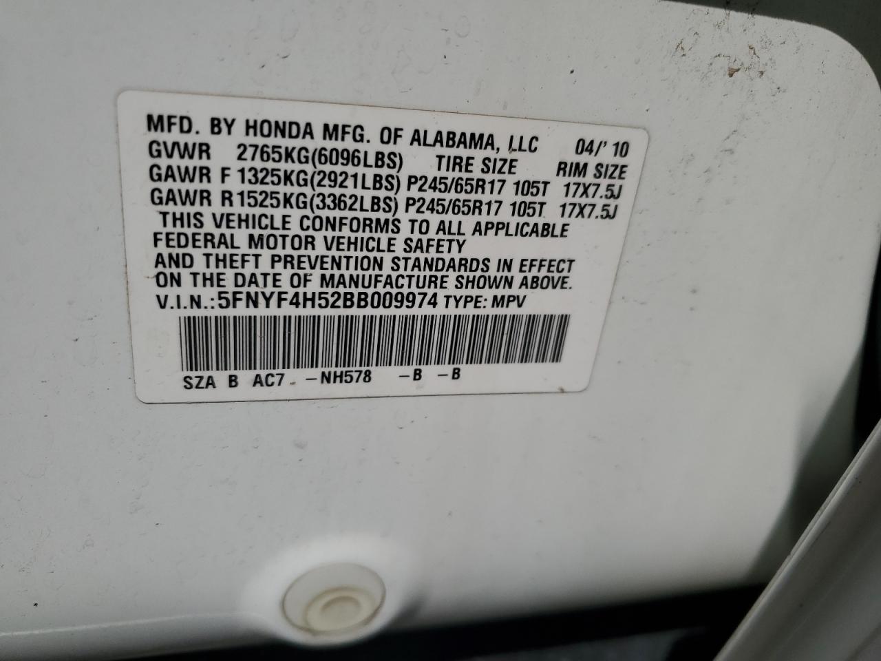 2011 Honda Pilot Exl VIN: 5FNYF4H52BB009974 Lot: 67854685