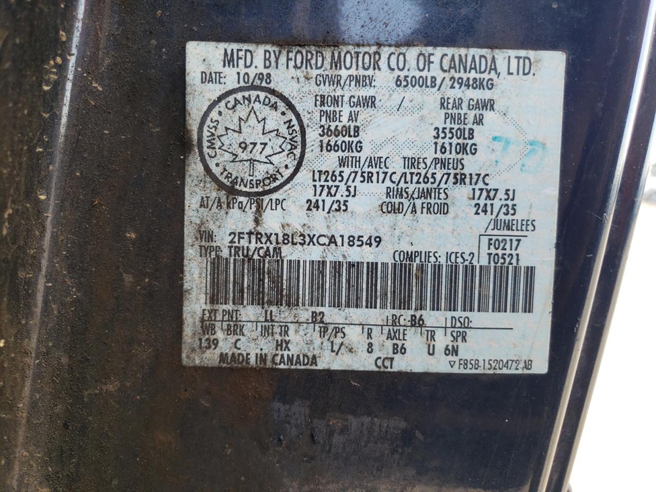 1999 Ford F150 VIN: 2FTRX18L3XCA18549 Lot: 87052585