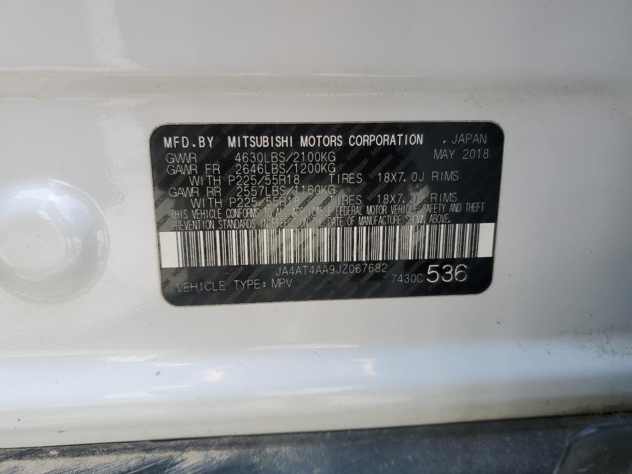 2018 Mitsubishi Eclipse Cross Le VIN: JA4AT4AA9JZ067682 Lot: 66900475