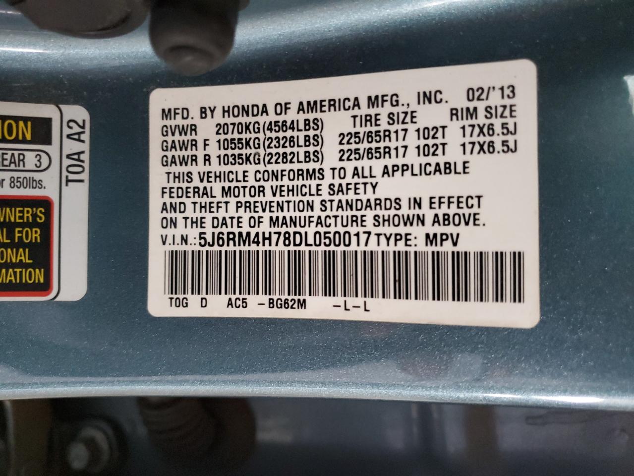 2013 Honda Cr-V Exl VIN: 5J6RM4H78DL050017 Lot: 70585175