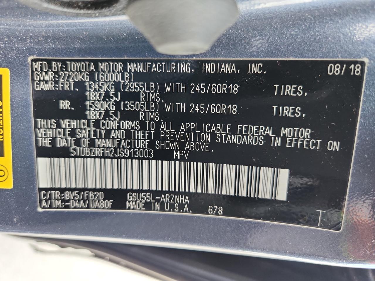 2018 Toyota Highlander Le VIN: 5TDBZRFH2JS913003 Lot: 71783015