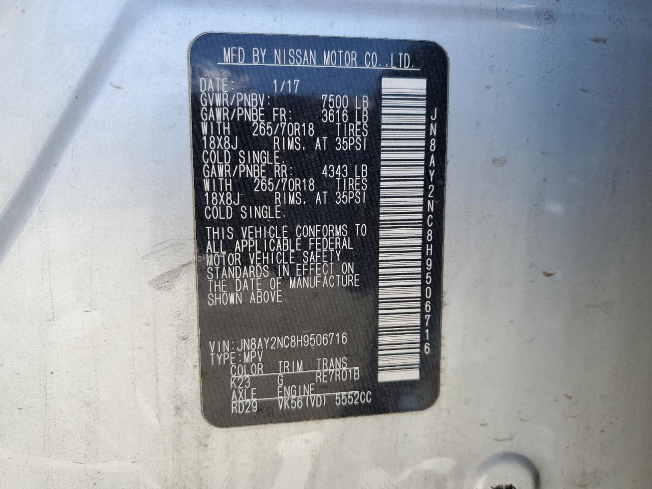 2017 Nissan Armada Sv VIN: JN8AY2NC8H9506716 Lot: 67982345