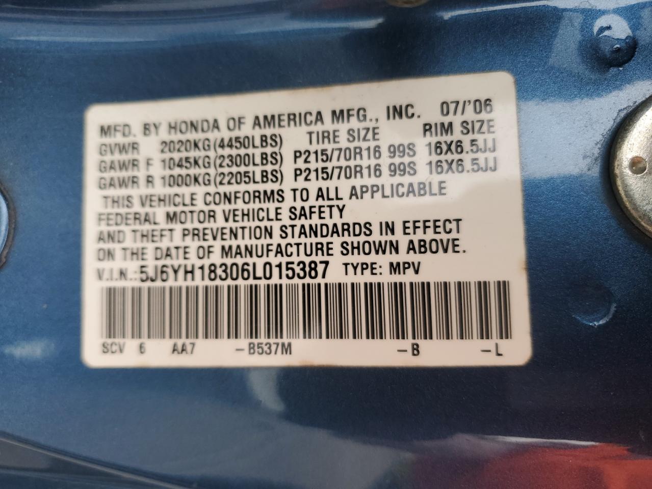 2006 Honda Element Lx VIN: 5J6YH18306L015387 Lot: 67663995