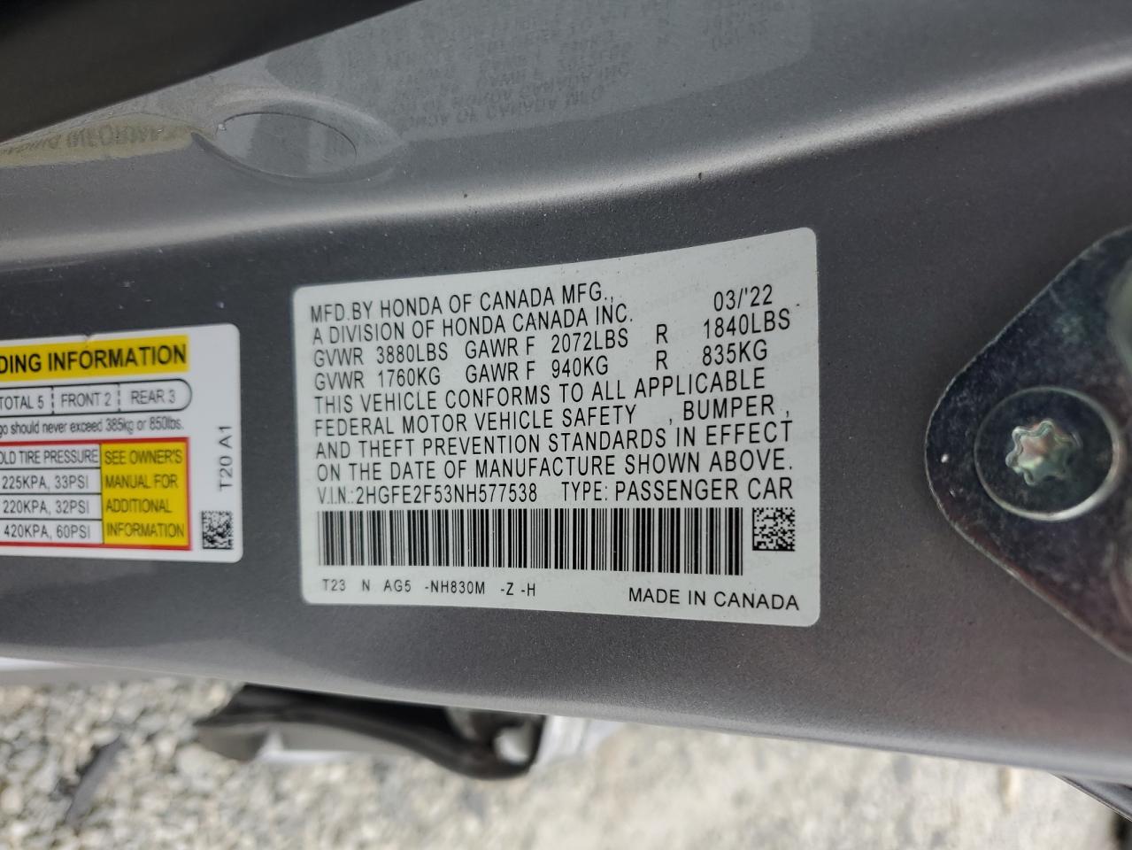 2022 Honda Civic Sport VIN: 2HGFE2F53NH577538 Lot: 69606515