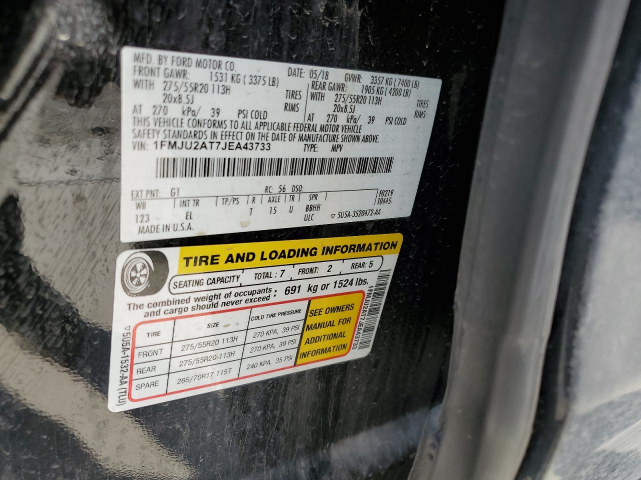 1FMJU2AT7JEA43733 2018 Ford Expedition Limited