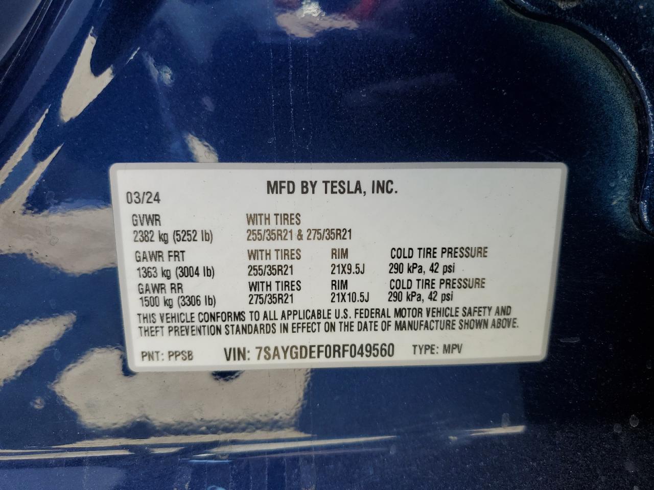 2024 Tesla Model Y VIN: 7SAYGDEF0RF049560 Lot: 68134625