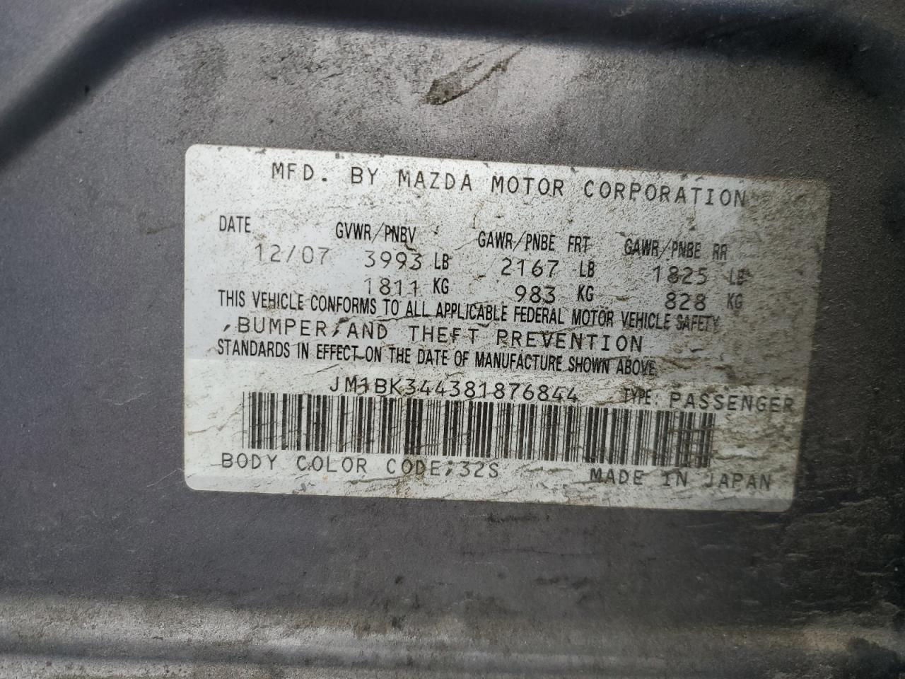 2008 Mazda 3 Hatchback VIN: JM1BK344381876844 Lot: 68146775