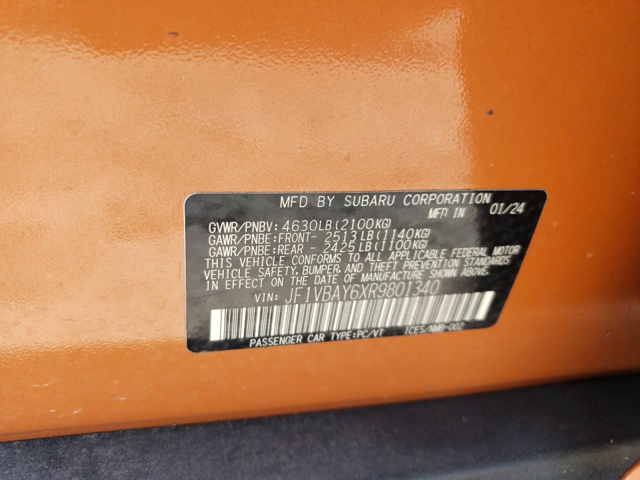 2024 Subaru Wrx Tr VIN: JF1VBAY6XR9801340 Lot: 69274435