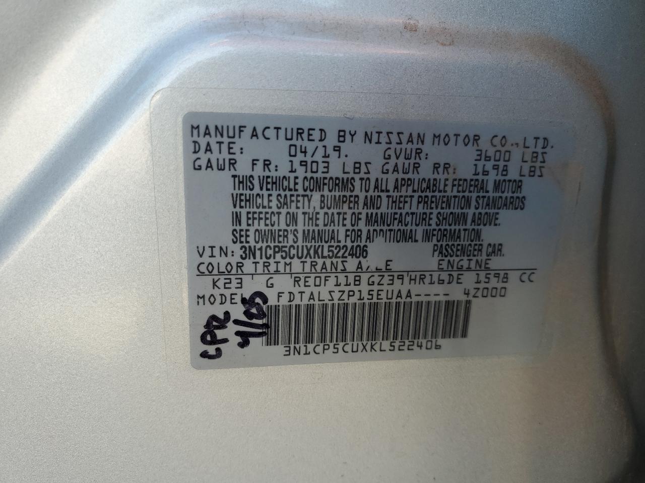 2019 Nissan Kicks S VIN: 3N1CP5CUXKL522406 Lot: 67190175