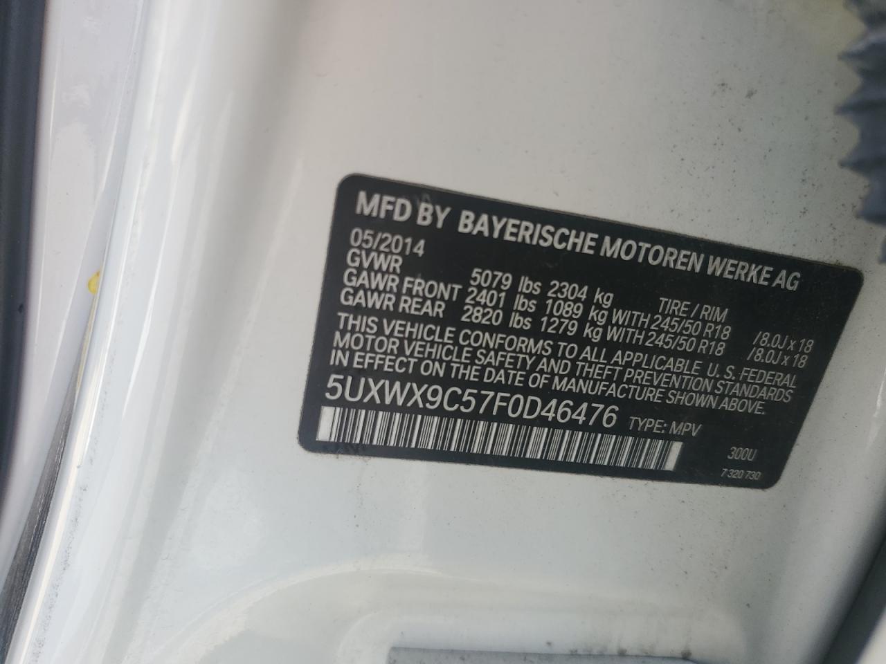 2015 BMW X3 xDrive28I VIN: 5UXWX9C57F0D46476 Lot: 68940265