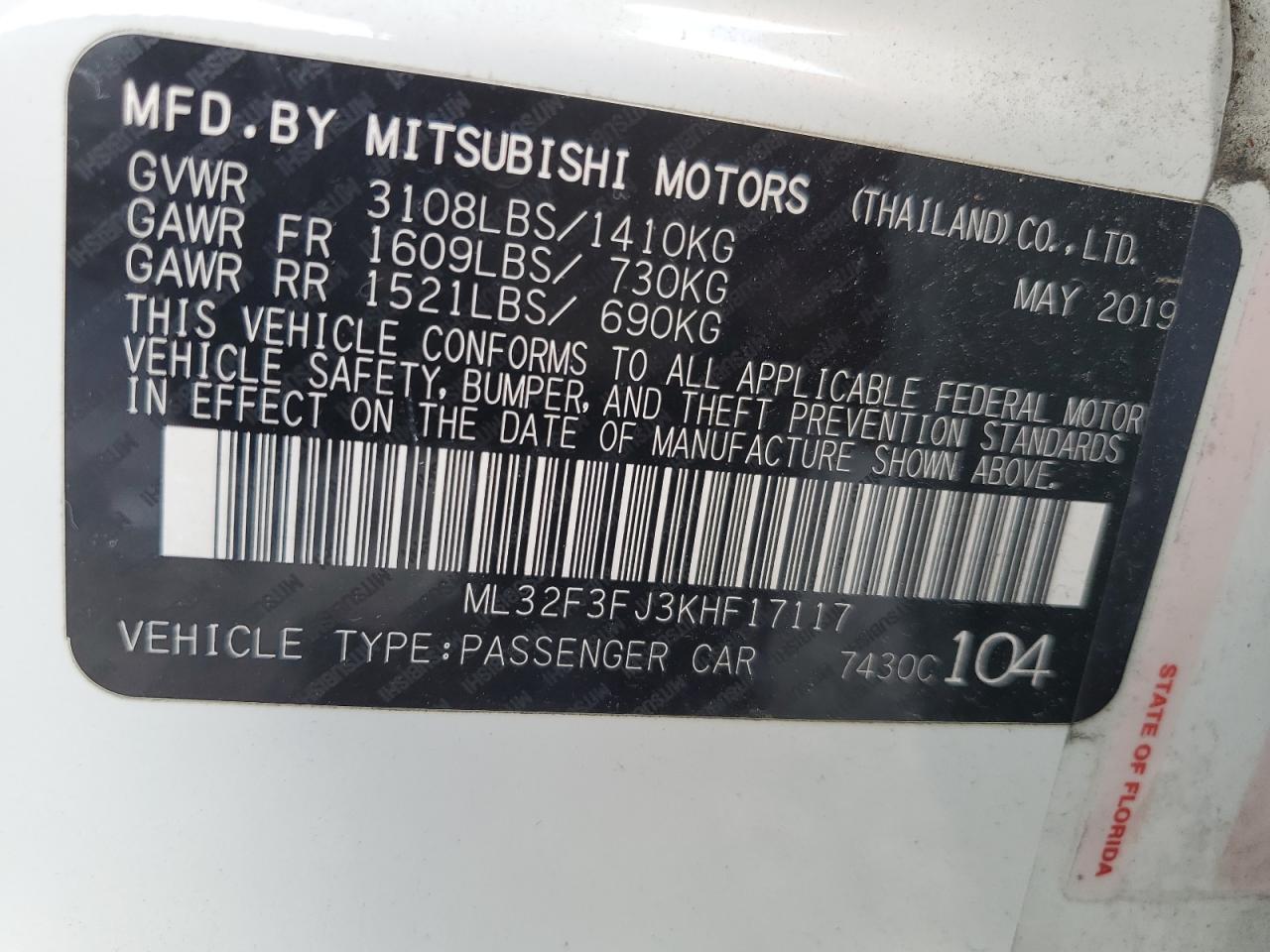 2019 Mitsubishi Mirage G4 Es VIN: ML32F3FJ3KHF17117 Lot: 69276165