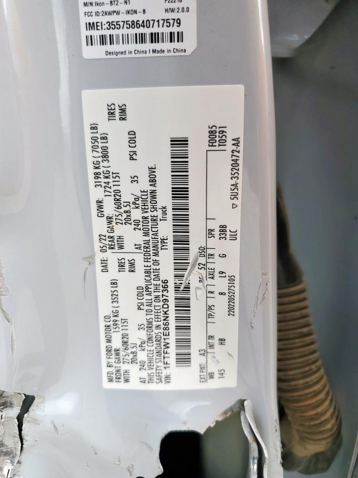 2022 Ford F150 Supercrew VIN: 1FTFW1E86NKD97366 Lot: 87285975