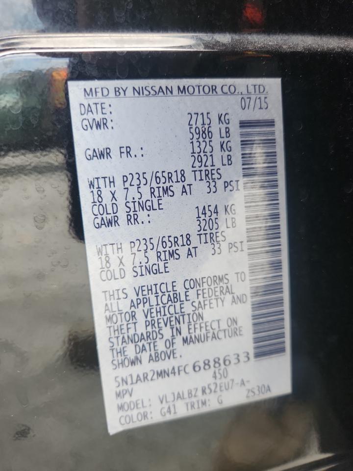 2015 Nissan Pathfinder S VIN: 5N1AR2MN4FC688633 Lot: 67424575