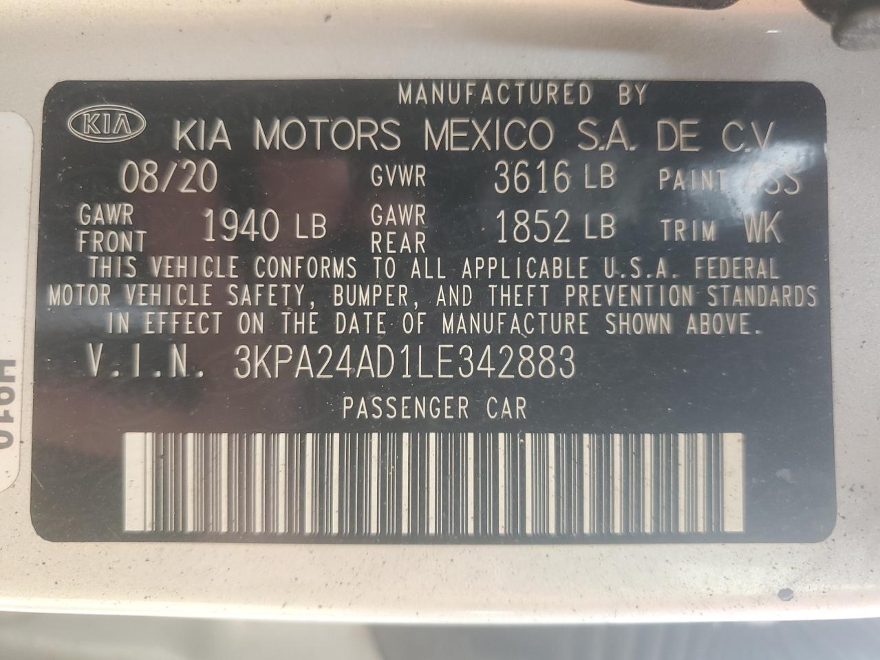 2020 Kia Rio Lx VIN: 3KPA24AD1LE342883 Lot: 67784685
