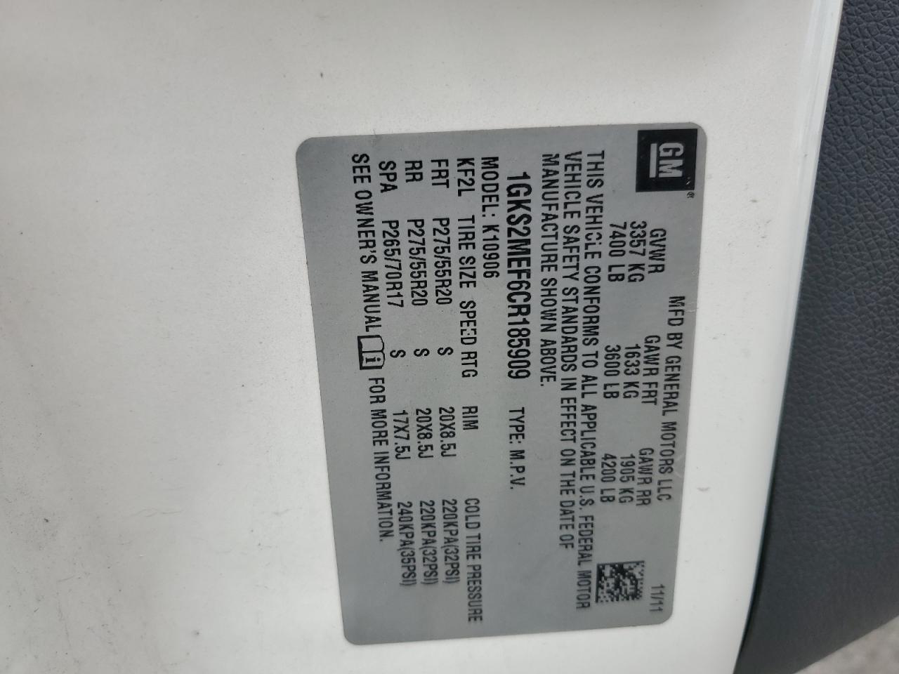 2012 GMC Yukon Xl Denali VIN: 1GKS2MEF6CR185909 Lot: 69594665