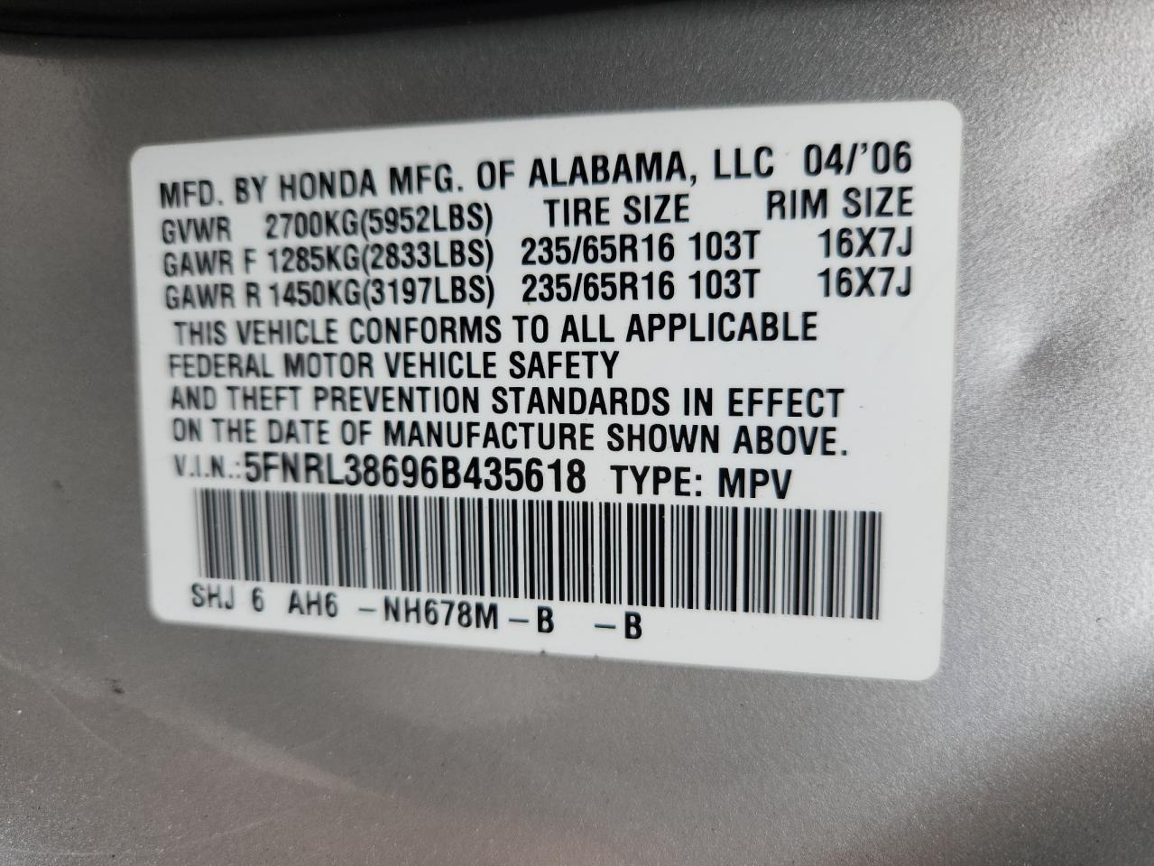 2006 Honda Odyssey Exl VIN: 5FNRL38696B435618 Lot: 70557595