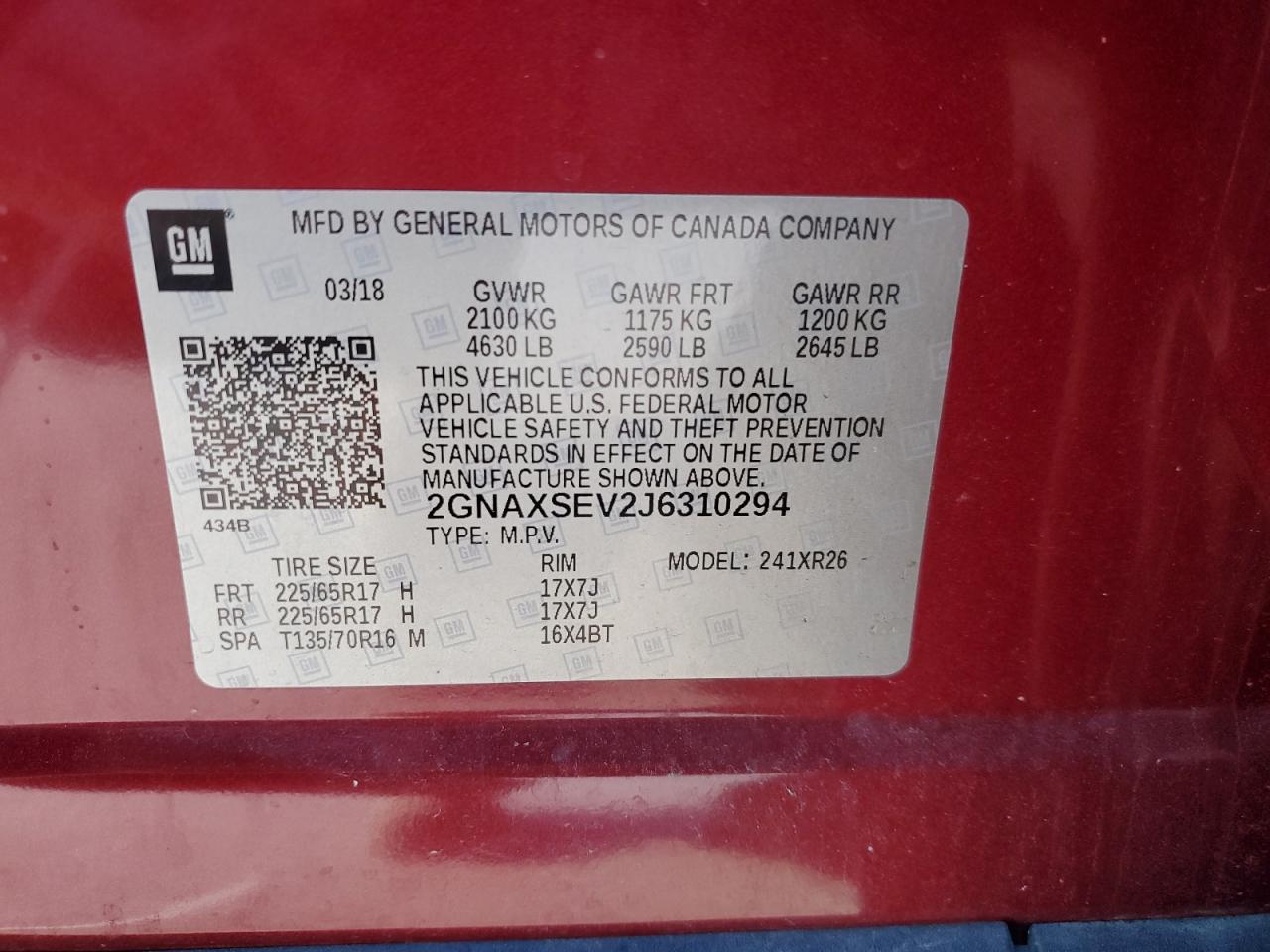 2018 Chevrolet Equinox Lt VIN: 2GNAXSEV2J6310294 Lot: 70530015