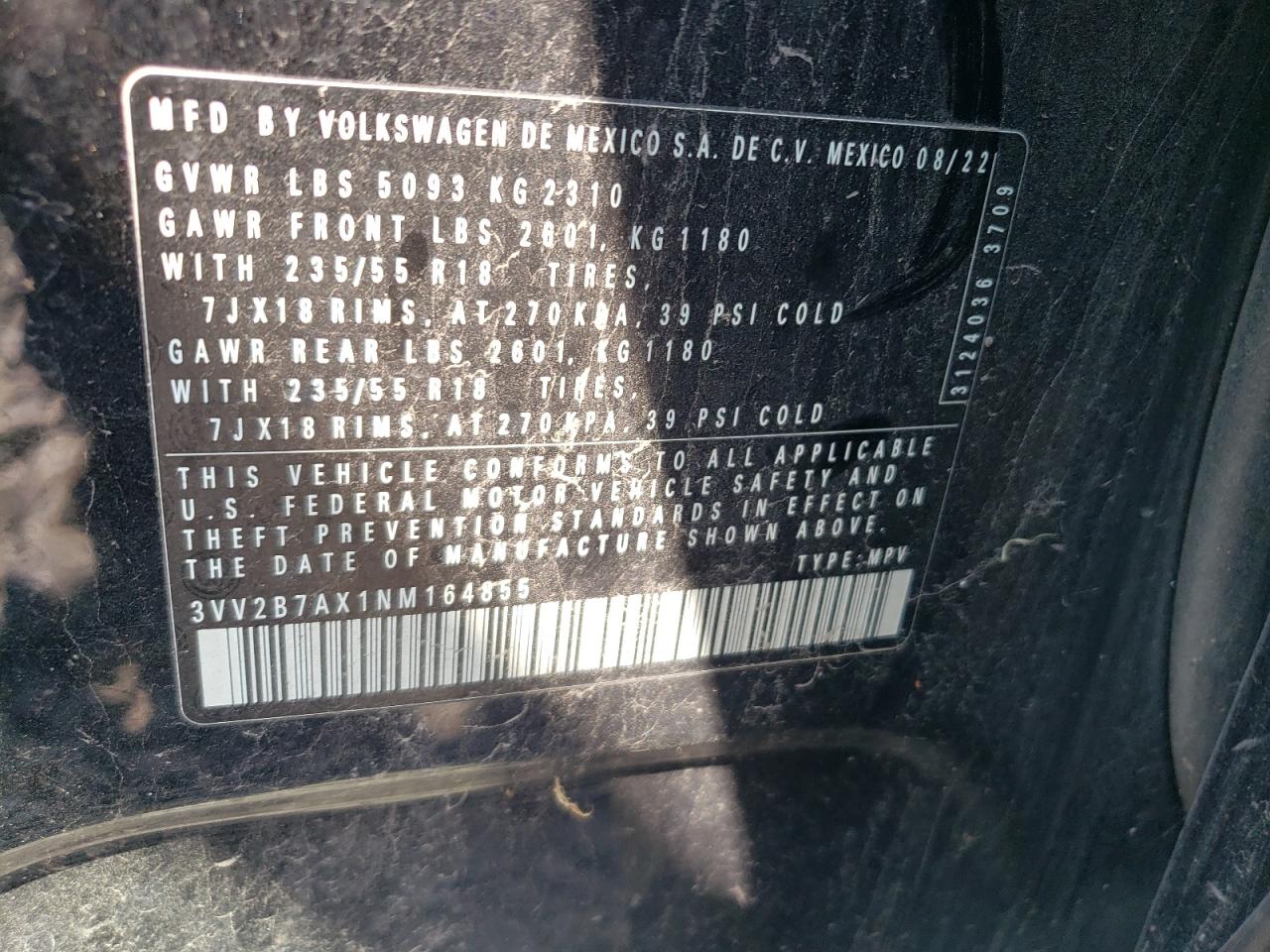 2022 Volkswagen Tiguan Se VIN: 3VV2B7AX1NM164855 Lot: 68369705