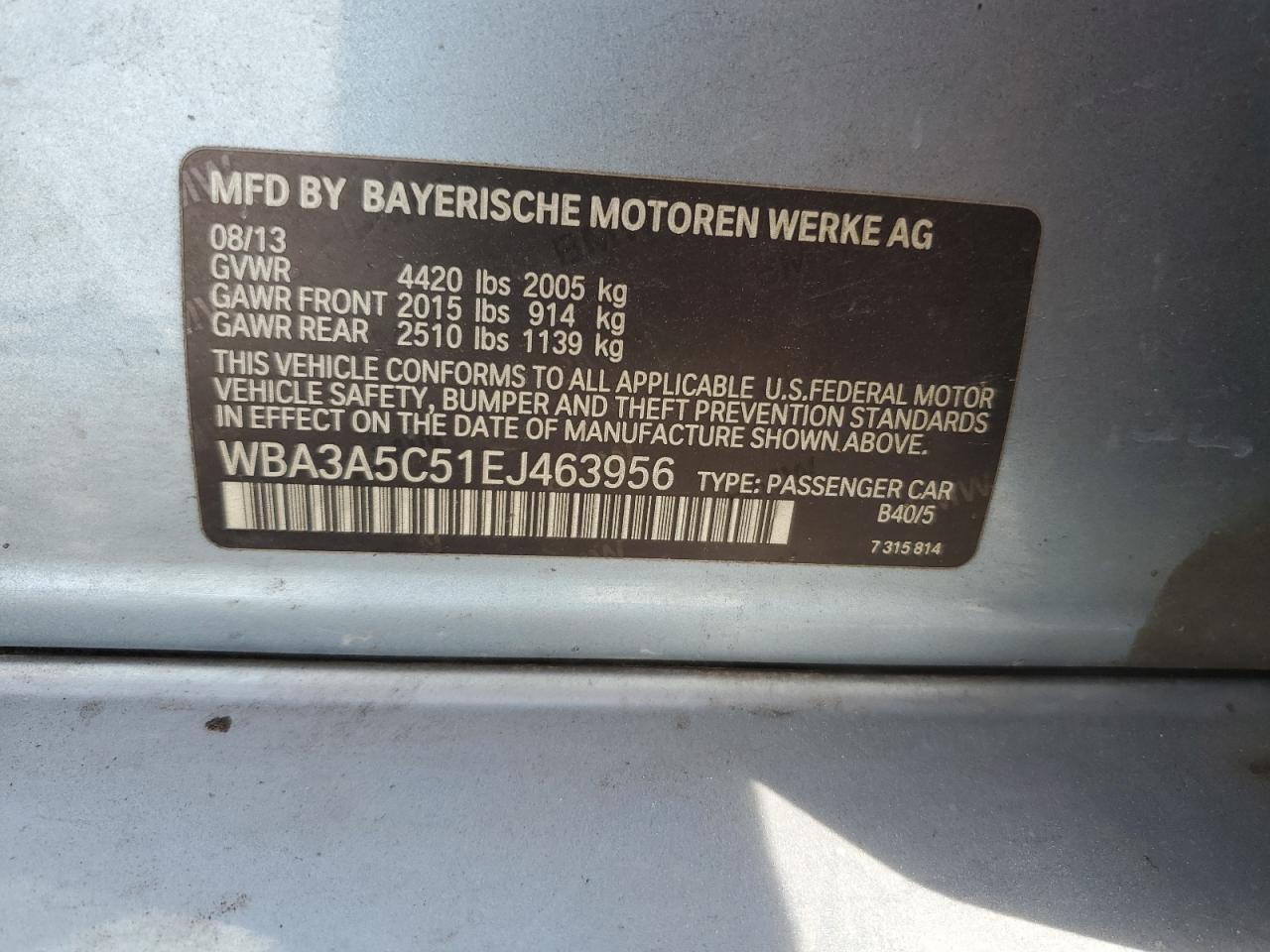 2014 BMW 328 I VIN: WBA3A5C51EJ463956 Lot: 69980715