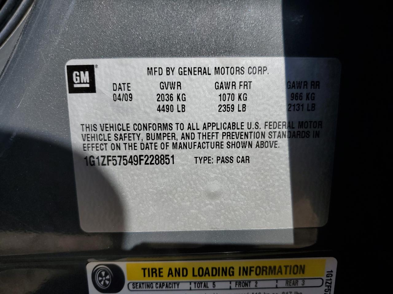 2009 Chevrolet Malibu Hybrid VIN: 1G1ZF57549F228851 Lot: 69900895