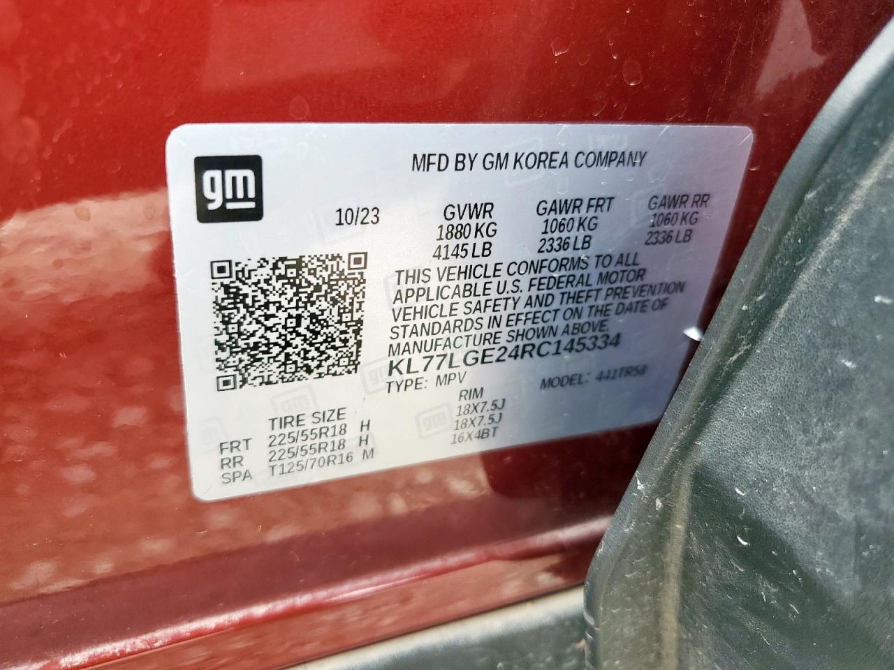 2024 Chevrolet Trax 1Rs VIN: KL77LGE24RC145334 Lot: 70317965