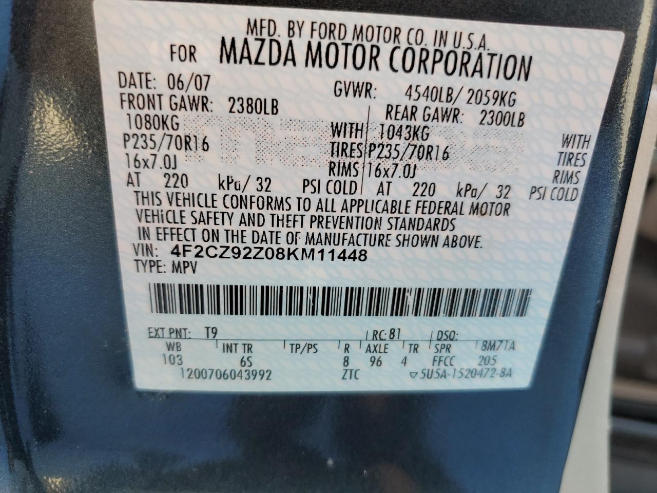 2008 Mazda Tribute I VIN: 4F2CZ92Z08KM11448 Lot: 69820895