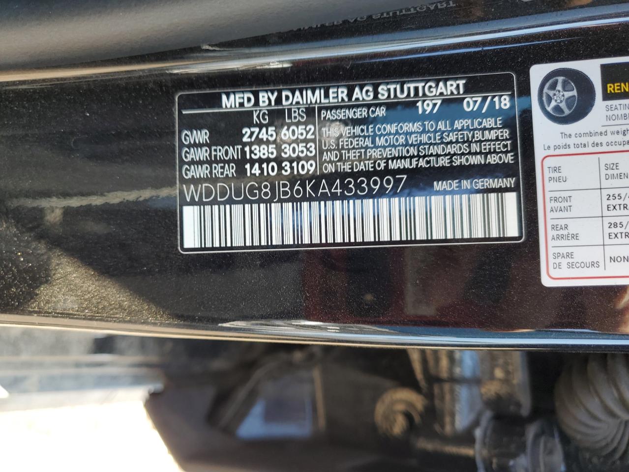 2019 Mercedes-Benz S 63 Amg 4Matic VIN: WDDUG8JB6KA433997 Lot: 68880515