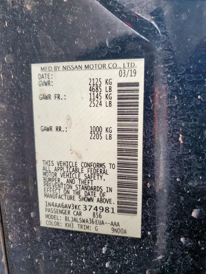 2019 Nissan Maxima S VIN: 1N4AA6AV3KC374981 Lot: 68926385