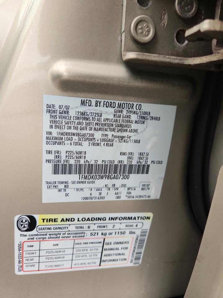 2008 Ford Taurus X Limited VIN: 1FMDK03W98GA07300 Lot: 69624715