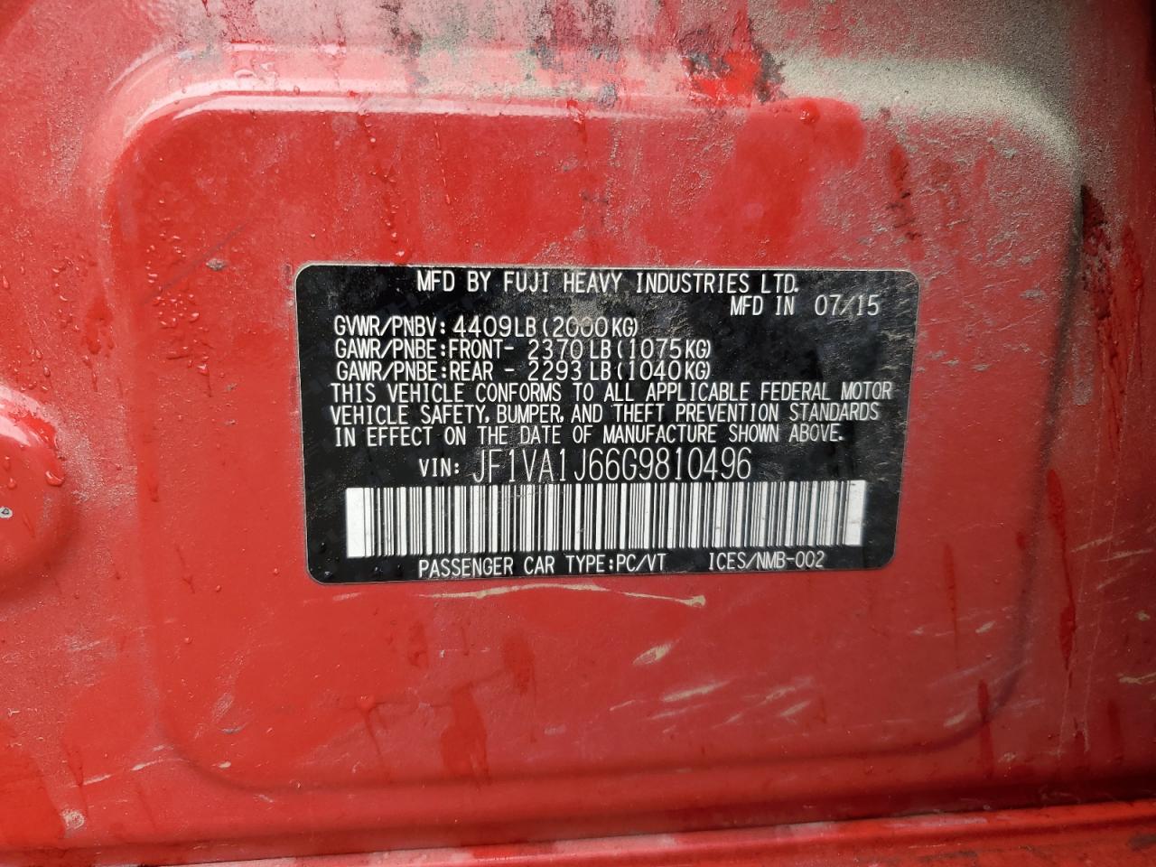 2016 Subaru Wrx Limited VIN: JF1VA1J66G9810496 Lot: 70057985