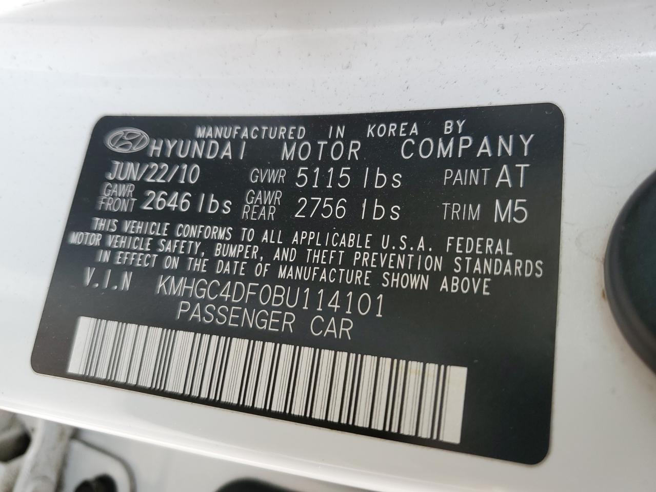 2011 Hyundai Genesis 4.6L VIN: KMHGC4DF0BU114101 Lot: 67323745