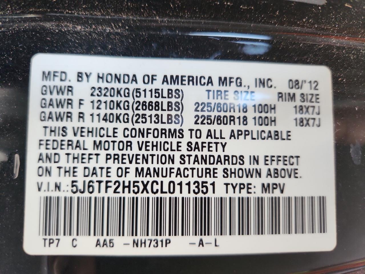 2012 Honda Crosstour Exl VIN: 5J6TF2H5XCL011351 Lot: 67305115