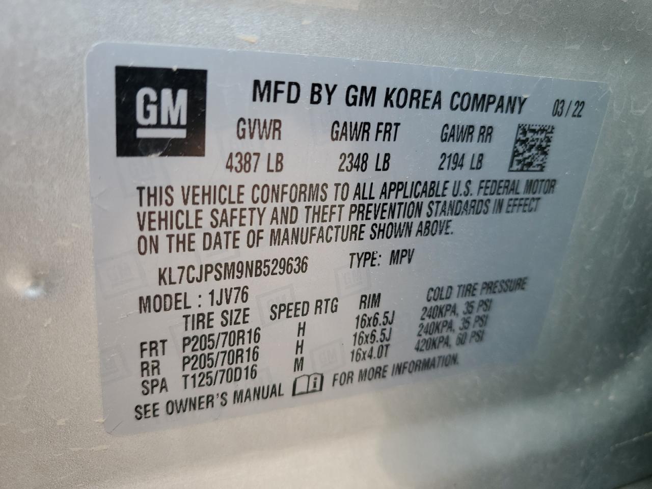 2022 Chevrolet Trax 1Lt VIN: KL7CJPSM9NB529636 Lot: 70163715