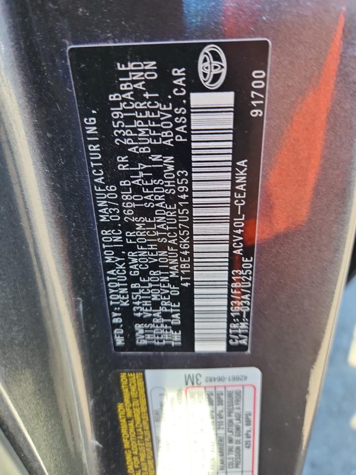 2007 Toyota Camry Ce VIN: 4T1BE46K57U514953 Lot: 70190895