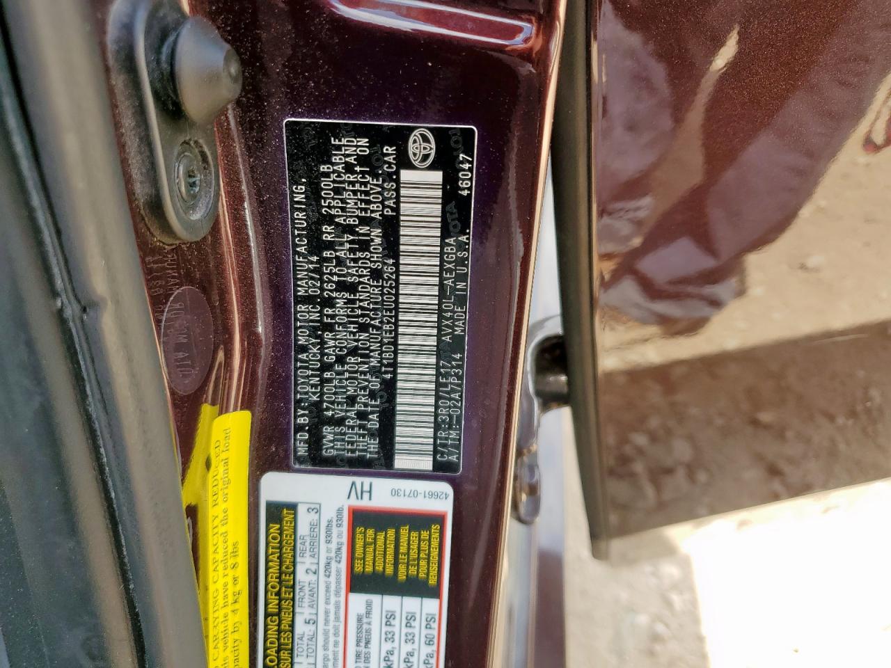 2014 Toyota Avalon Hybrid VIN: 4T1BD1EB2EU025264 Lot: 67671905