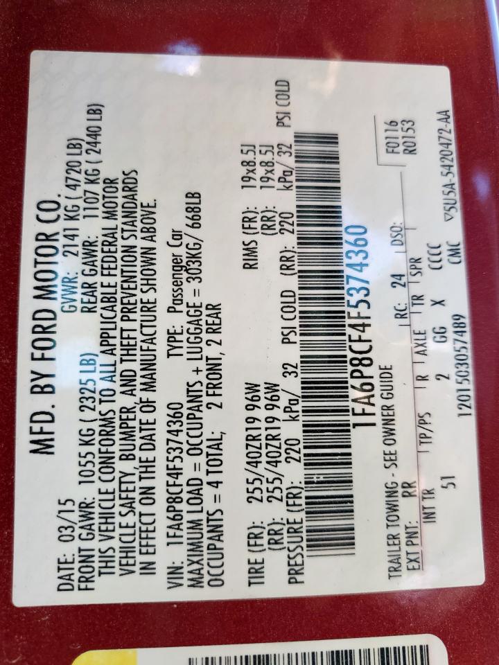 2015 Ford Mustang Gt VIN: 1FA6P8CF4F5374360 Lot: 69302335