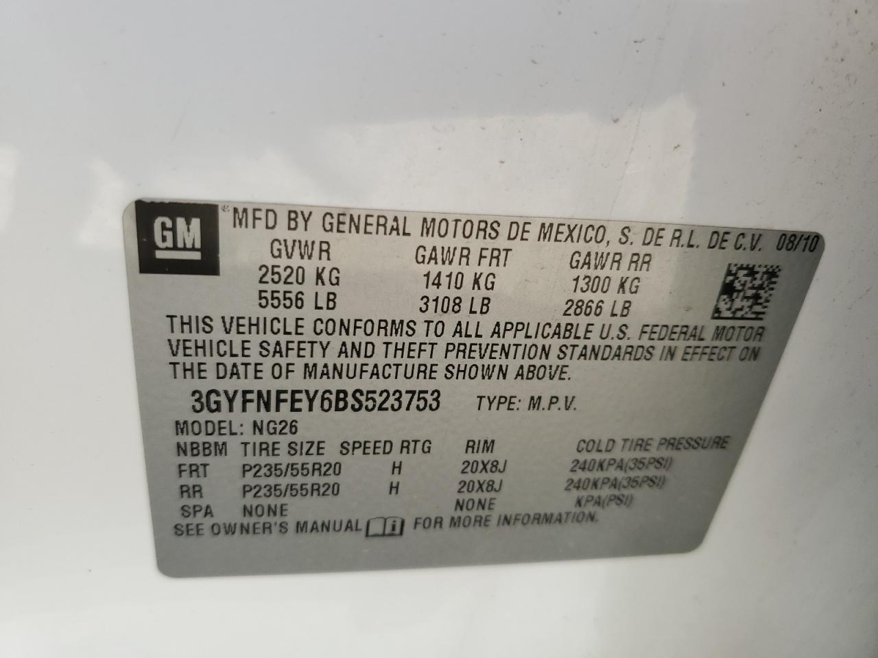 2011 Cadillac Srx Premium Collection VIN: 3GYFNFEY6BS523753 Lot: 68821955