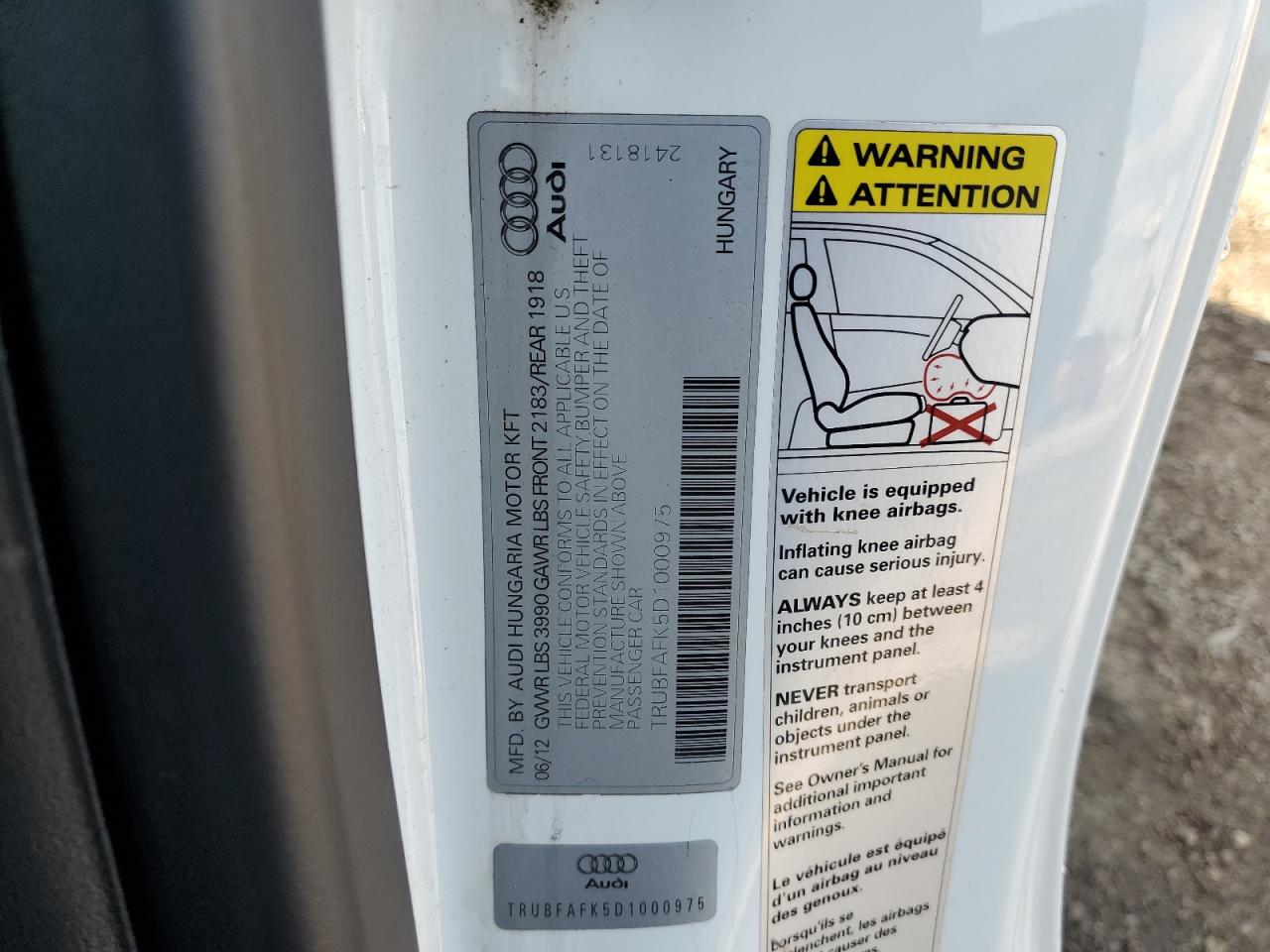 2013 Audi Tt Premium Plus VIN: TRUBFAFK5D1000975 Lot: 70083175