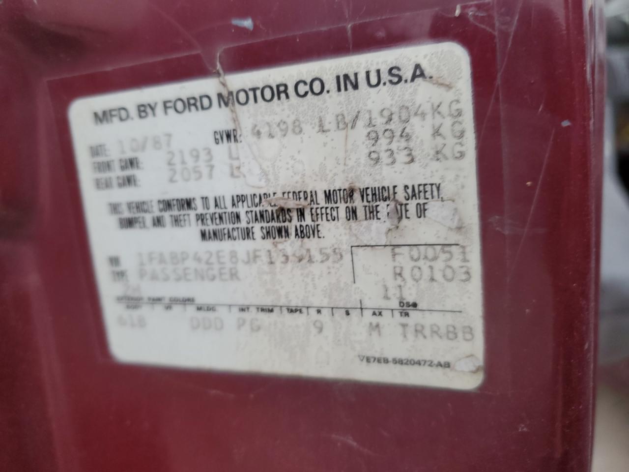 1988 Ford Mustang Gt VIN: 1FABP42E8JF139155 Lot: 70573265