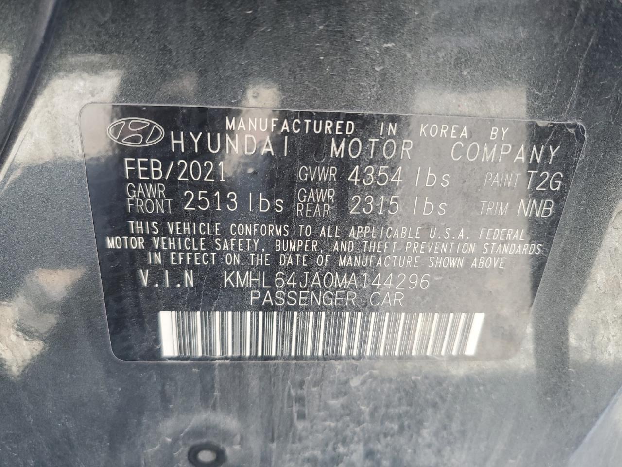 2021 Hyundai Sonata Sel VIN: KMHL64JA0MA144296 Lot: 70301285