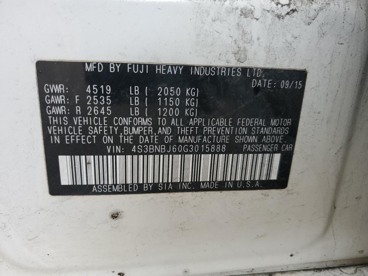 2015 Subaru Legacy 2.5I Limited VIN: 4S3BNBJ60G3015888 Lot: 69100115