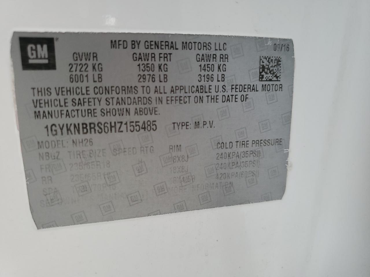 2017 Cadillac Xt5 Luxury VIN: 1GYKNBRS6HZ155485 Lot: 70385175