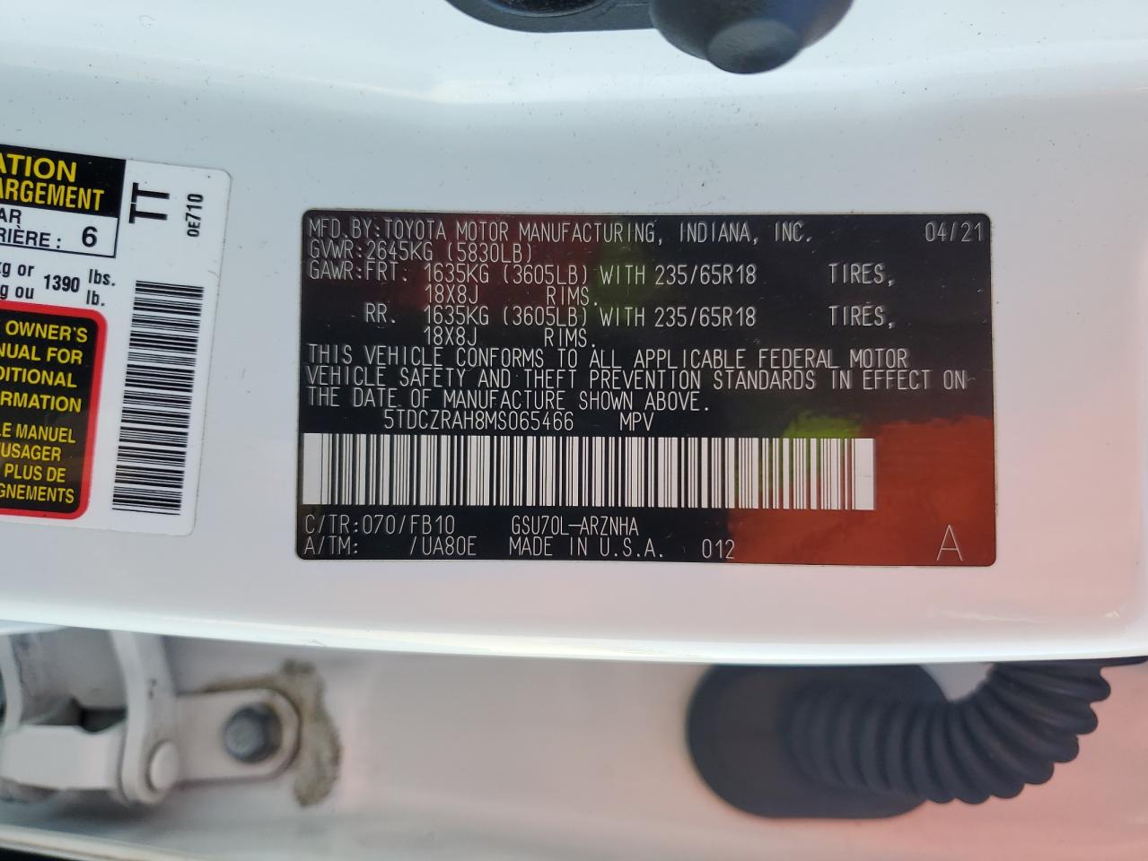 2021 Toyota Highlander L VIN: 5TDCZRAH8MS065466 Lot: 70921975