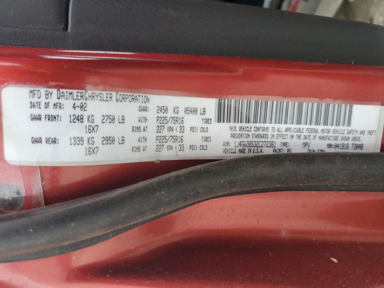 2002 Jeep Grand Cherokee Sport VIN: 1J4GW38S32C272381 Lot: 69071265