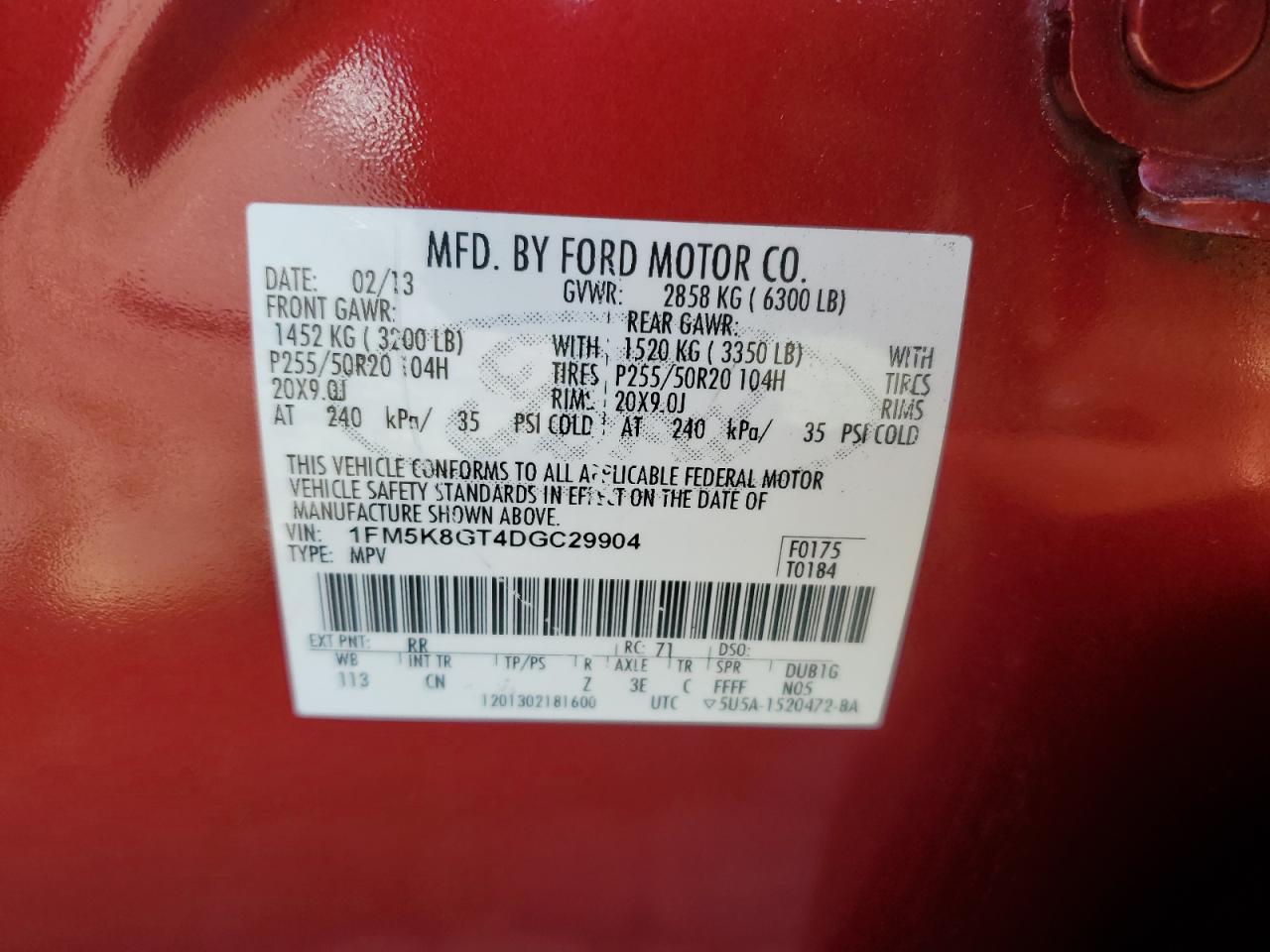 2013 Ford Explorer Sport VIN: 1FM5K8GT4DGC29904 Lot: 70899435