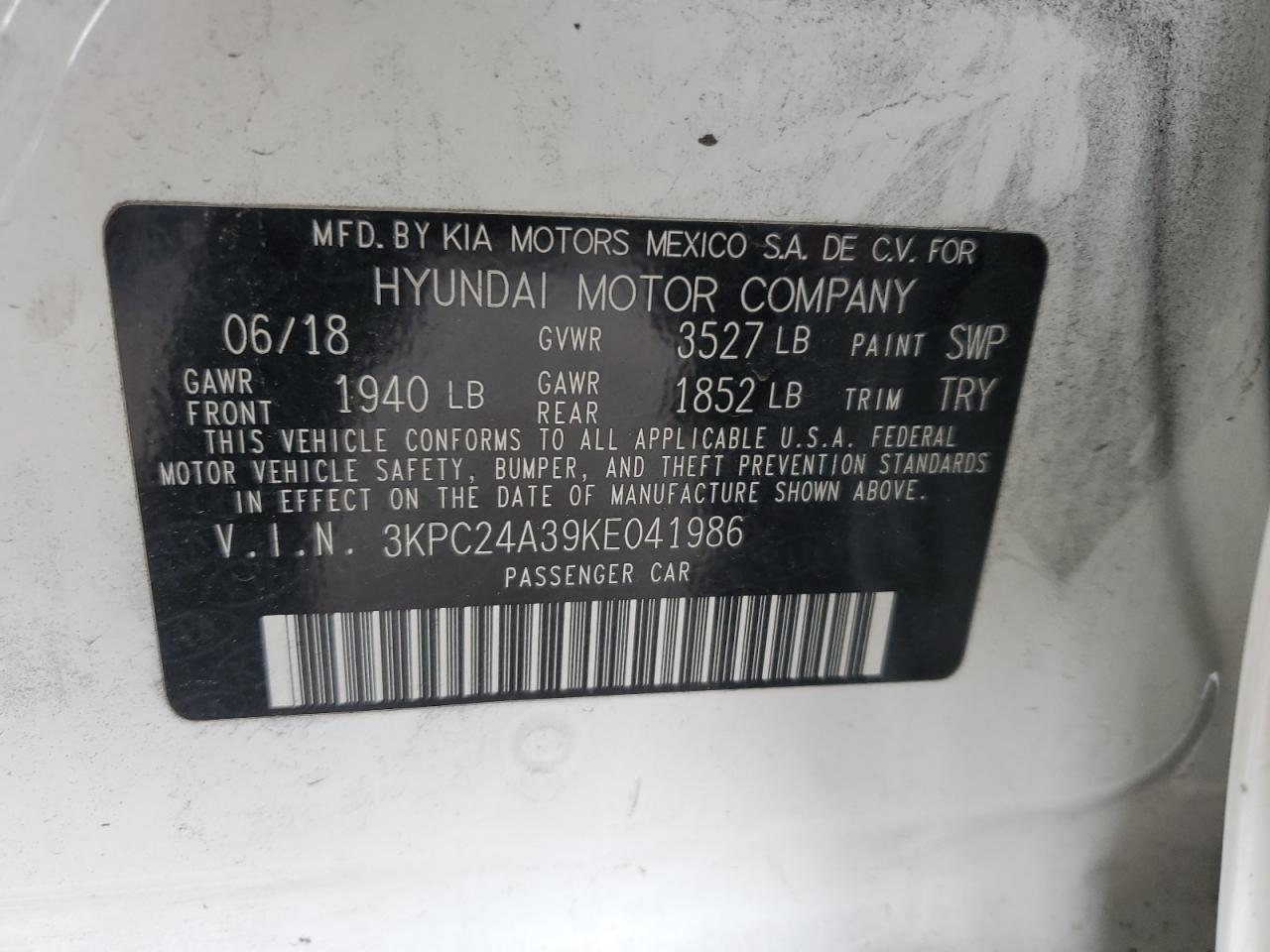 2019 Hyundai Accent Se VIN: 3KPC24A39KE041986 Lot: 67268135