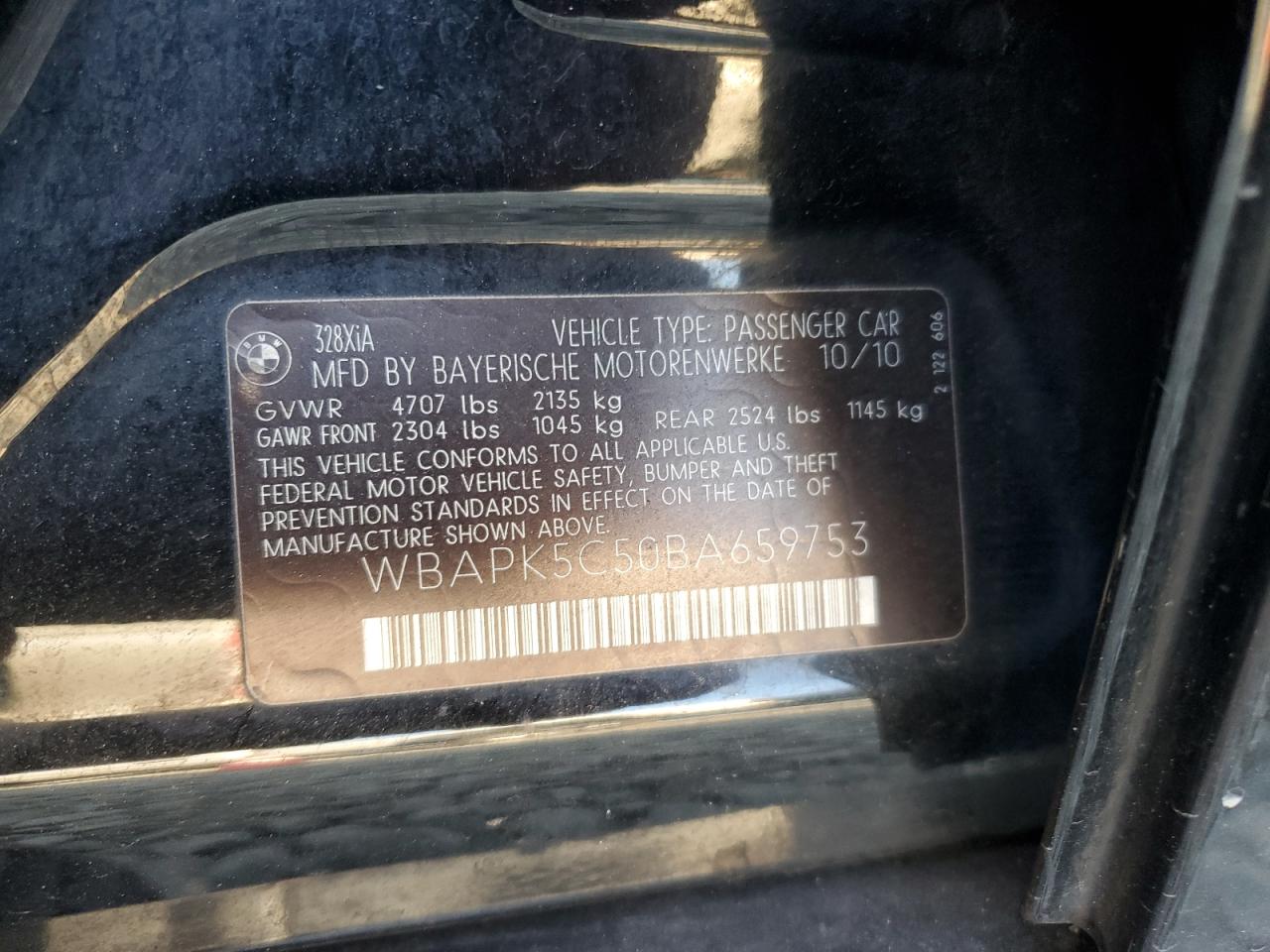 2011 BMW 328 Xi Sulev VIN: WBAPK5C50BA659753 Lot: 68653195