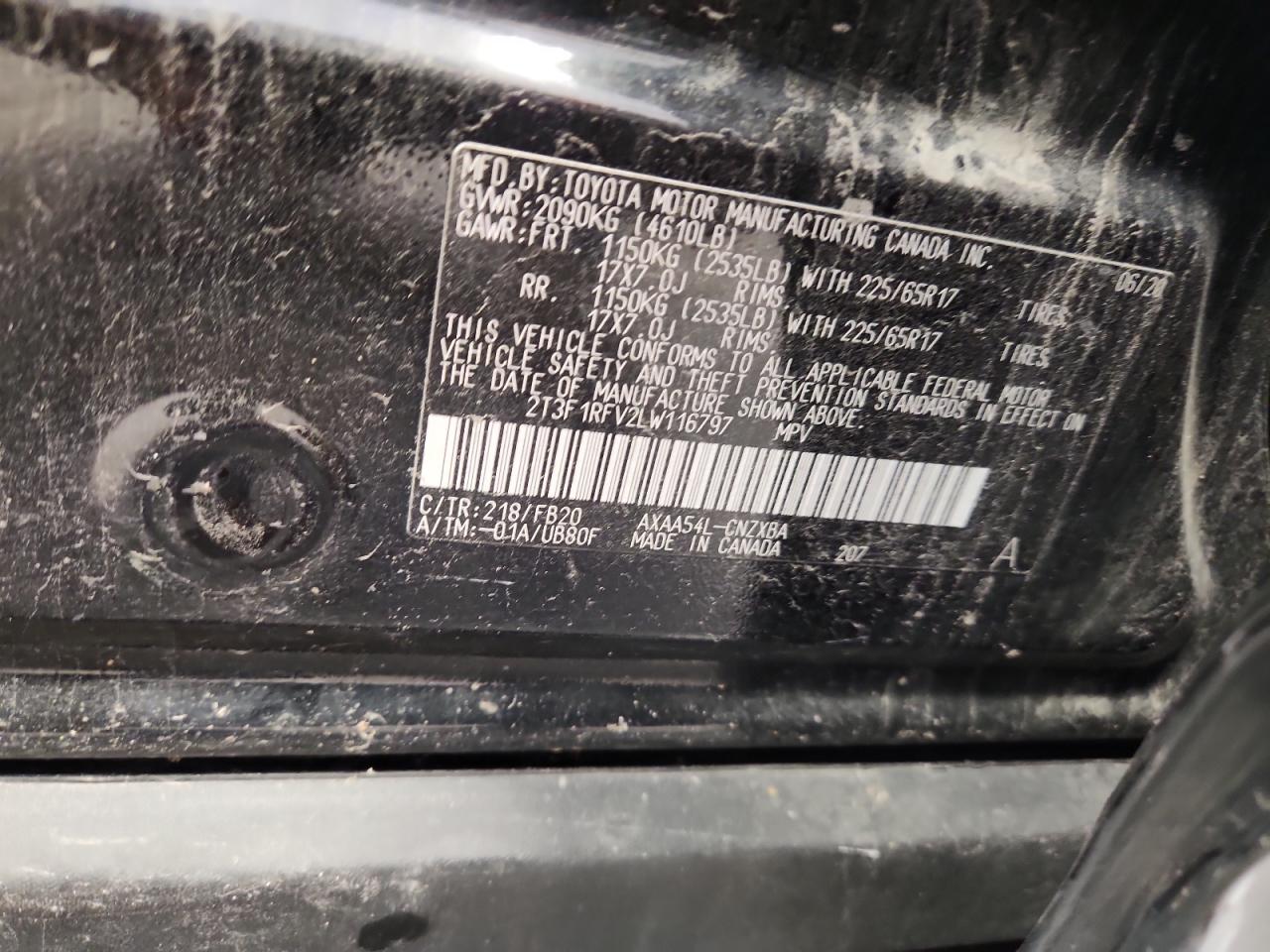 2020 Toyota Rav4 Le VIN: 2T3F1RFV2LW116797 Lot: 69923215