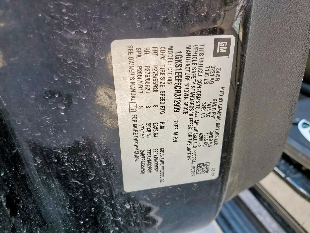 2012 GMC Yukon Denali VIN: 1GKS1EEF6CR312909 Lot: 69979525